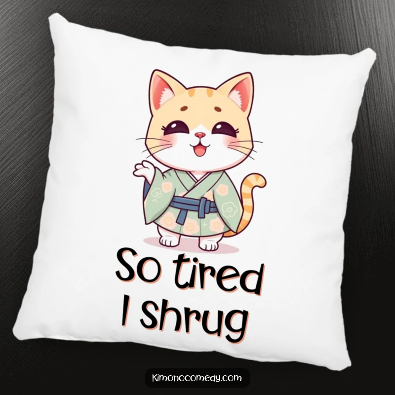 Funny Kawaii cat in a kimono, shrugging with a cute expression, a soft and funny pillow for relaxation.