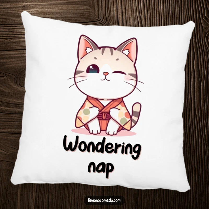 Funny Kawaii cat pillow, soft cushion featuring a cat in a whimsical kimono tipping its head curiously, humorous home decor.