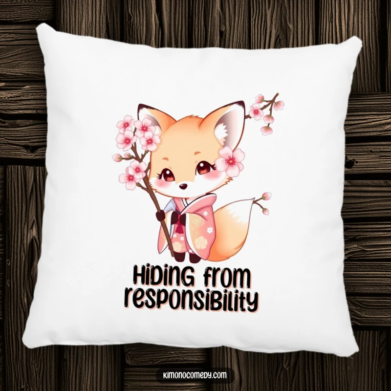 Funny Kawaii Fox Pillow: Shy character in a beautiful kimono, peeking from behind a cherry blossom, providing cozy comfort and serene aesthetics.