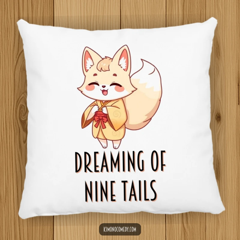 Funny Kawaii Kitsune Pillow: A charming fox with multiple tails in a kimono is caught mid-giggle, its tails expressing its playful mood.