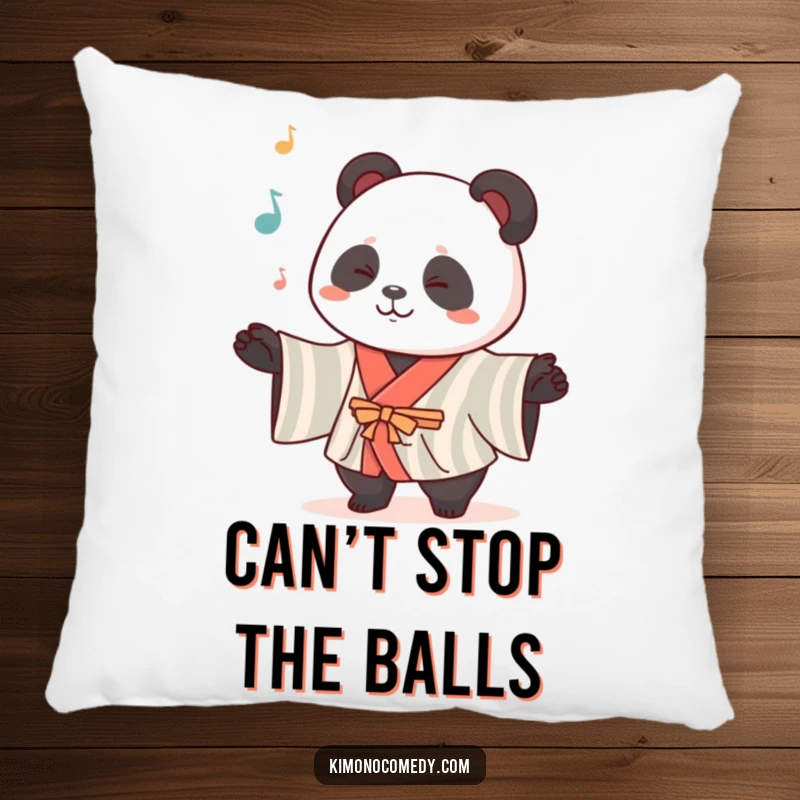 Funny Kawaii Panda Pillow: A cute panda in a striped kimono juggles, offering a soft, humorous decorative accent for any room.