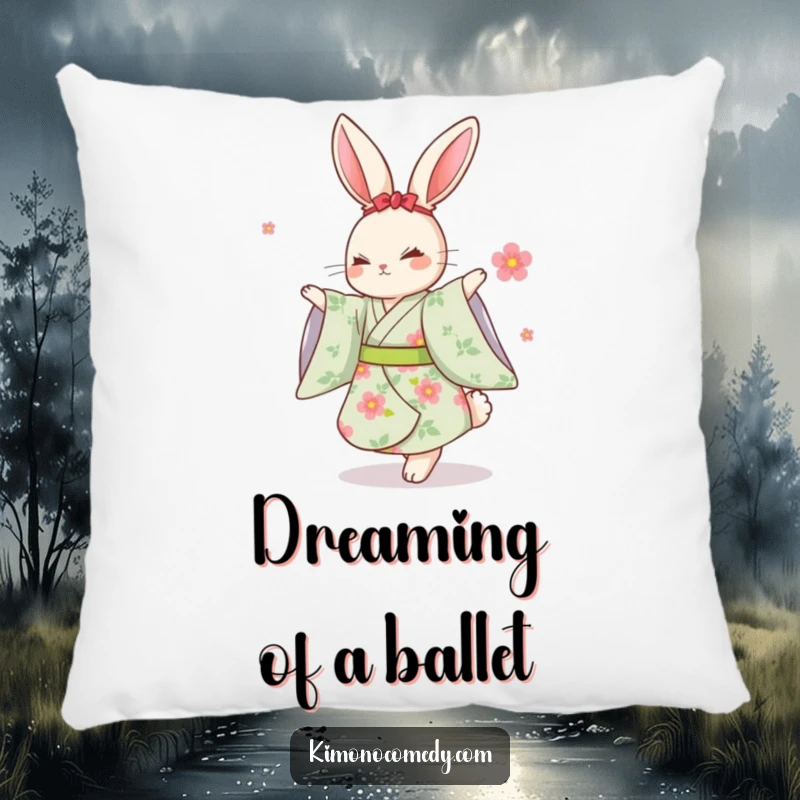Funny Kawaii Rabbit Pillow: A soft pillow showcasing a rabbit in a floral kimono dancing gracefully with a smile.