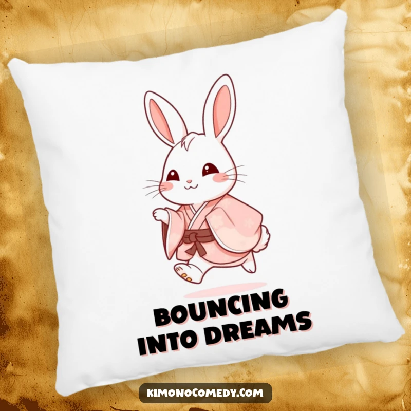 Funny Pillow: A happy rabbit in a fancy kimono hops with glee, providing plush comfort and a dose of cute humor.