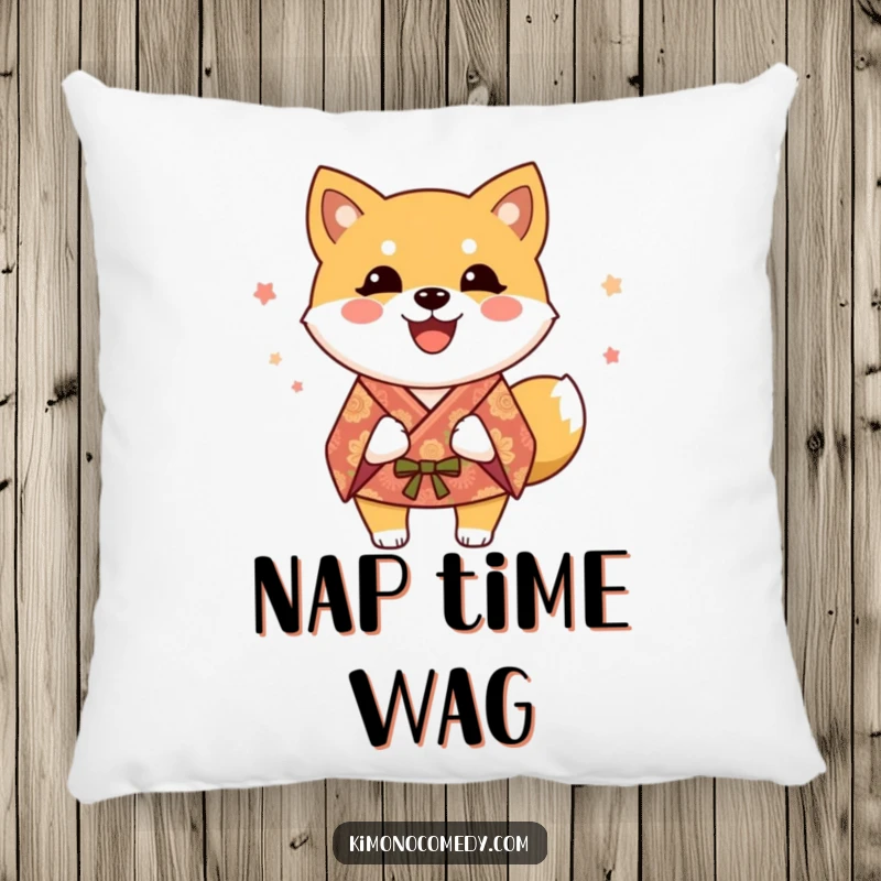 Funny Shiba Inu Pillow: A soft pillow showcasing a happy dog in a festive kimono, its tail humorously wagging.