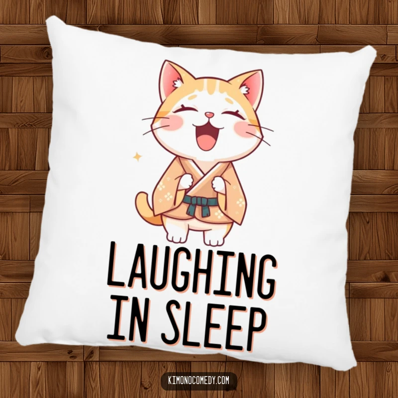 Funny Kawaii cat pillow, soft cushion featuring a cat in a formal kimono laughing loudly, humorous home decor.