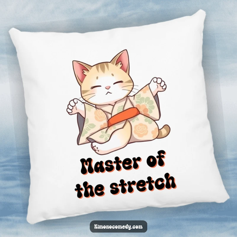 Funny pillow featuring an artistic cat in a patterned kimono, stretching lazily, offering cozy elegance and humor.