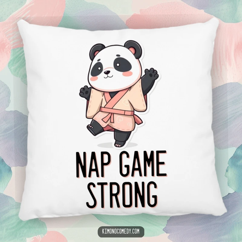 Funny panda pillow, a panda in a vibrant kimono striking a playful pose with one leg raised, cozy funny gift.
