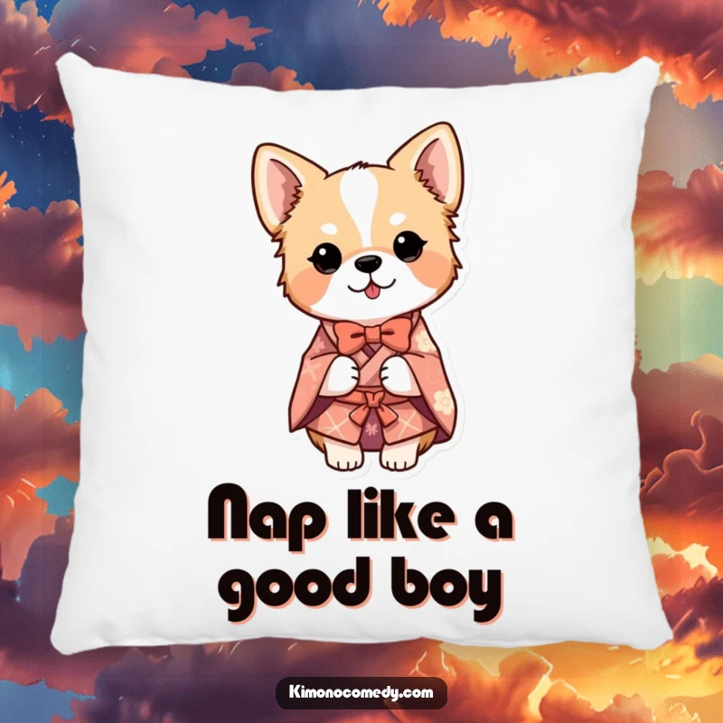 Funny dog in a detailed kimono, doing a bow, designed on a comfortable pillow for humorous and cozy home accents.