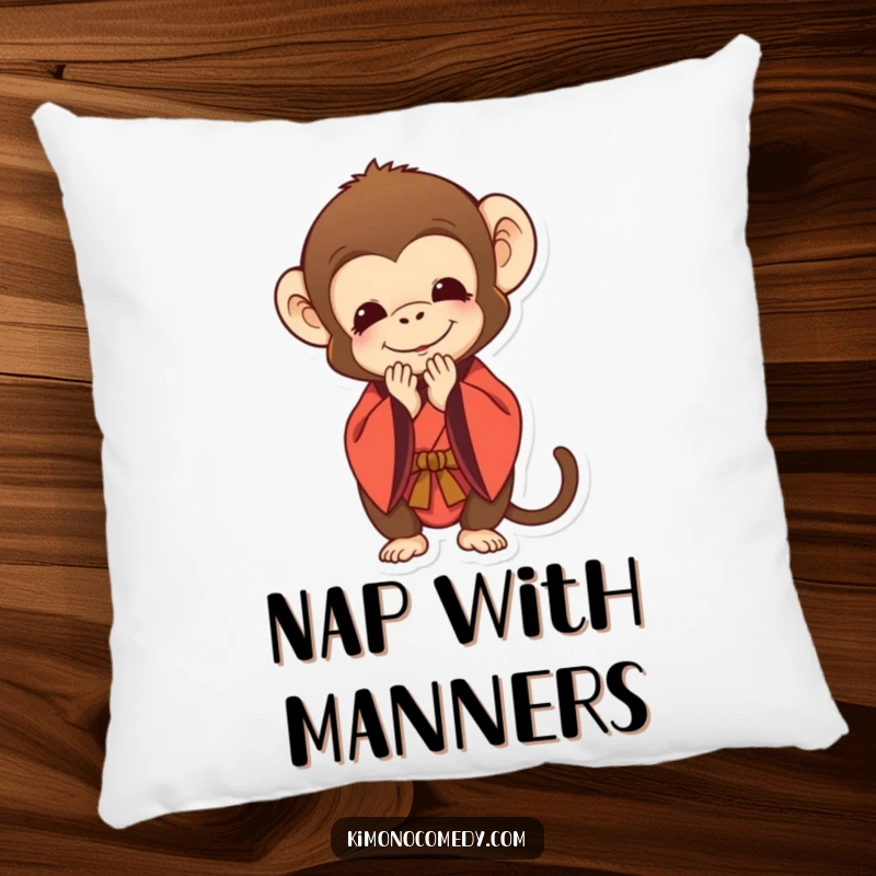 Funny pillow featuring a monkey in a kimono bowing deeply with a polite smile, providing comfort with respectful humor.