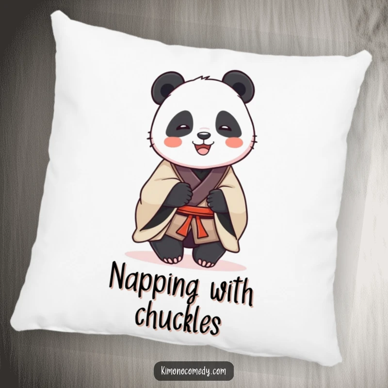 Funny decorative pillow with a dignified panda in a traditional kimono, sharing a laugh, offering comfort and a touch of lightheartedness.