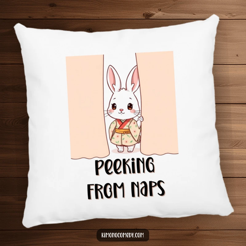 Funny kawaii rabbit pillow, depicting a rabbit in a floral kimono peeking shyly from behind a curtain, offering comfort and charm.