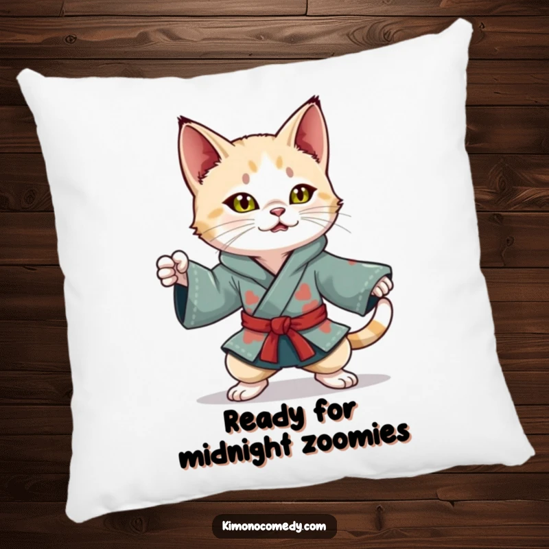 Funny Kawaii Cat Pillow: Playful character in a colorful kimono, striking a dynamic ninja pose, offering comfort with a dash of ninja cool.