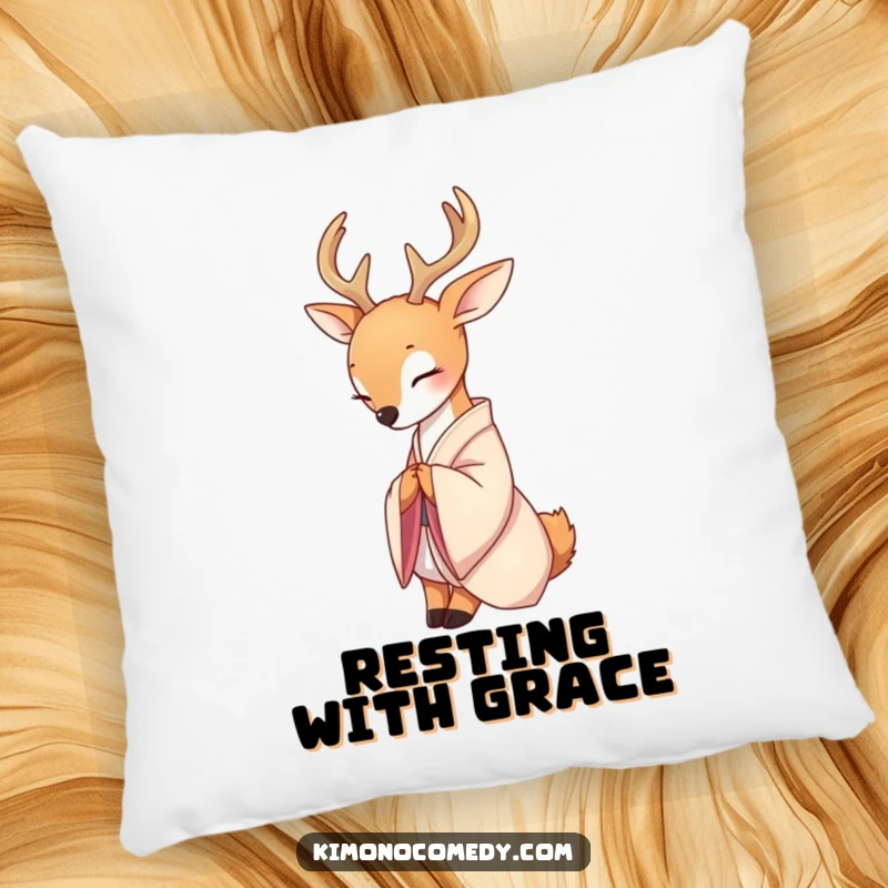 Funny decorative pillow with a serene deer in a delicate silk kimono, gracefully bowing, offering comfort and a touch of peaceful elegance.