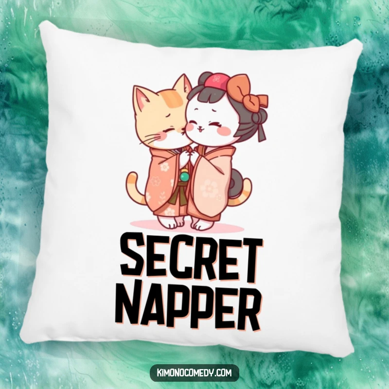 Funny Kawaii cat in a kimono whispering secrets, soft and plush decorative pillow for a humorous touch.