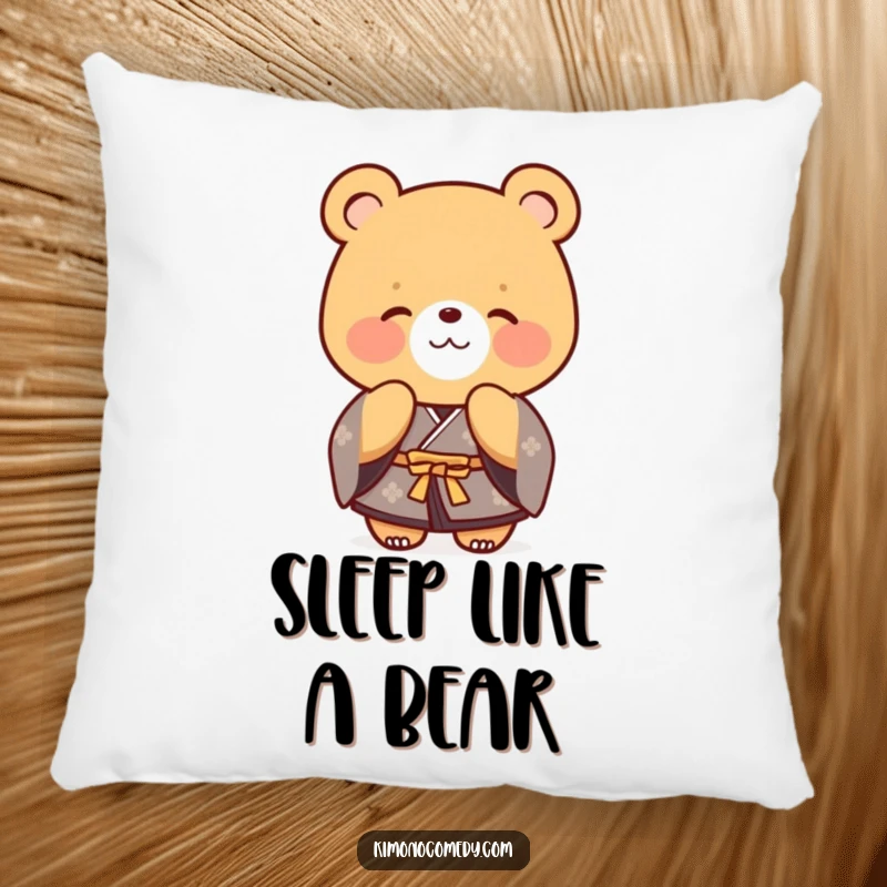 Funny bear wearing a formal kimono, bowing politely with a gentle smile. A decorative and humorous pillow.