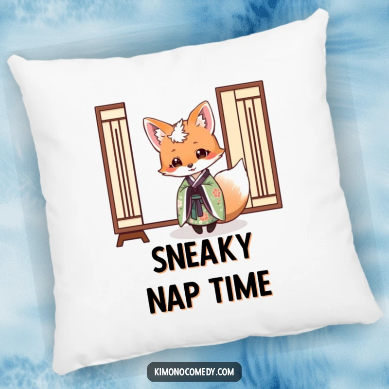 Funny pillow featuring a fox in an elegant kimono playfully peeking from behind a paper screen, providing comfort with mysterious humor.