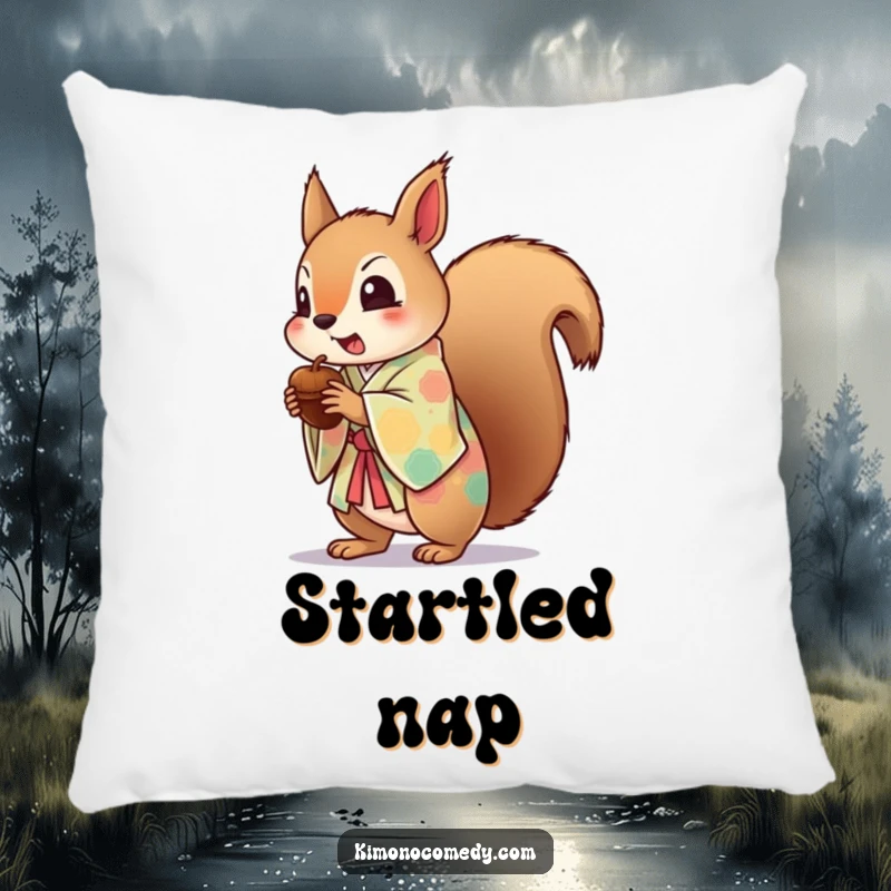 Funny pillow with a startled kawaii squirrel in a colorful kimono, dropping an acorn, offering comfort and humorous decoration.