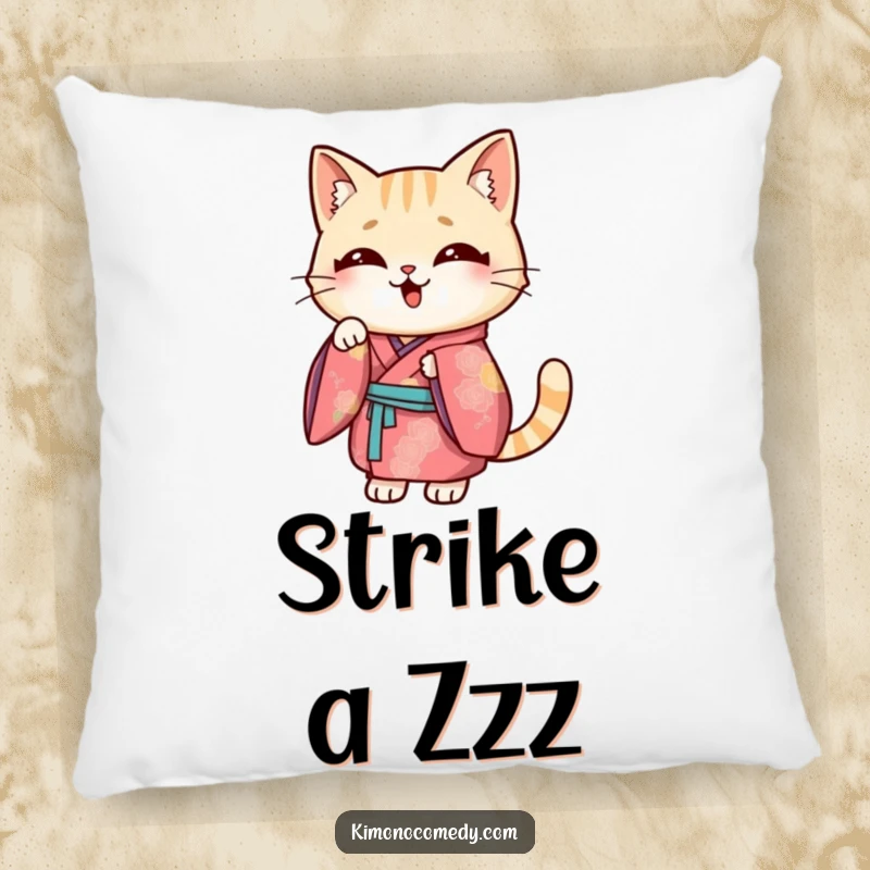 Funny Kawaii cat pillow, soft cushion featuring a cat in a vibrant kimono striking a funny pose, humorous home decor.