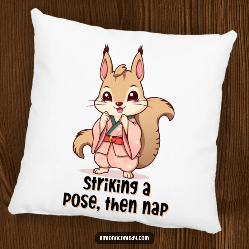 Funny Kawaii Squirrel Pillow: A soft pillow with a squirrel in a stylish kimono striking a pose, adding chic humor.