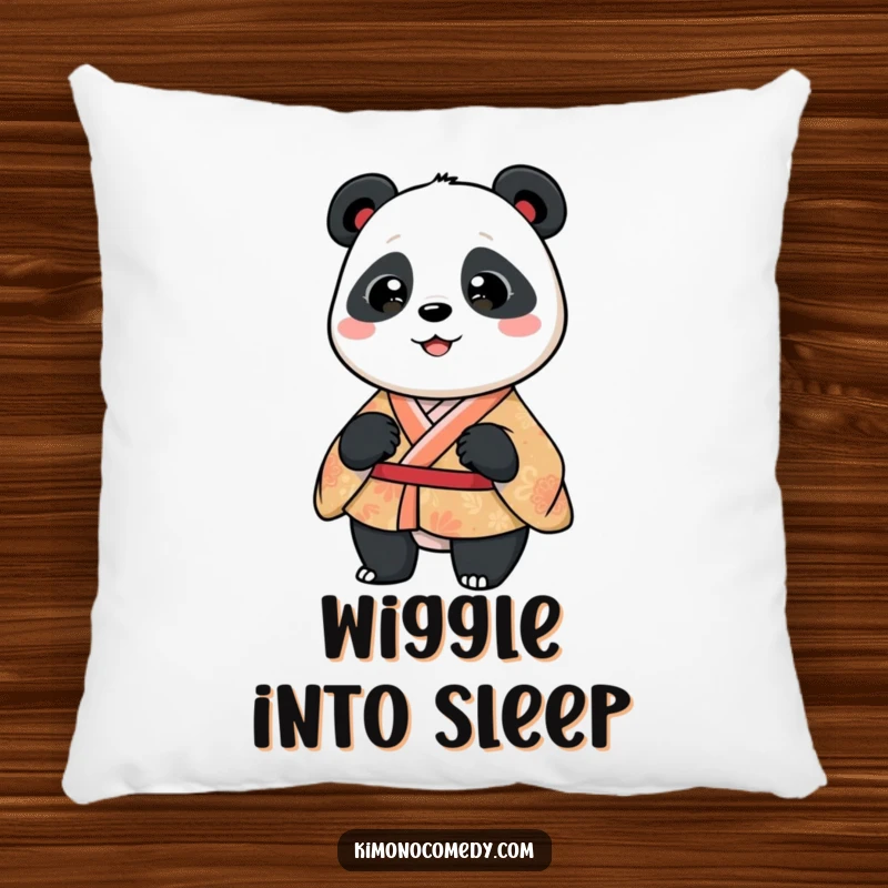 Funny panda wearing a patterned kimono, doing a comical and silly wiggle. A decorative and humorous pillow.
