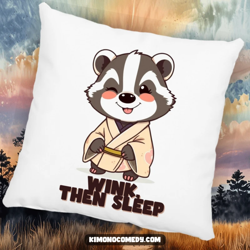 Funny badger in a kimono, smiling and winking, designed on a comfortable pillow for humorous and cozy home accents.