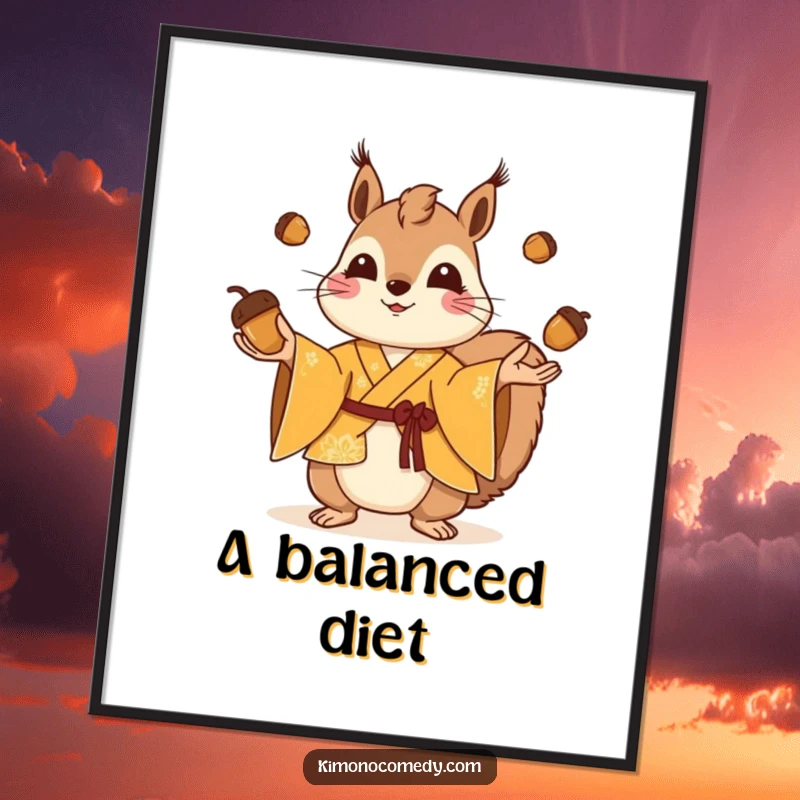 Funny squirrel in a bright kimono juggling tiny acorns, digital illustration, printable wall art, humorous gift for art lovers.