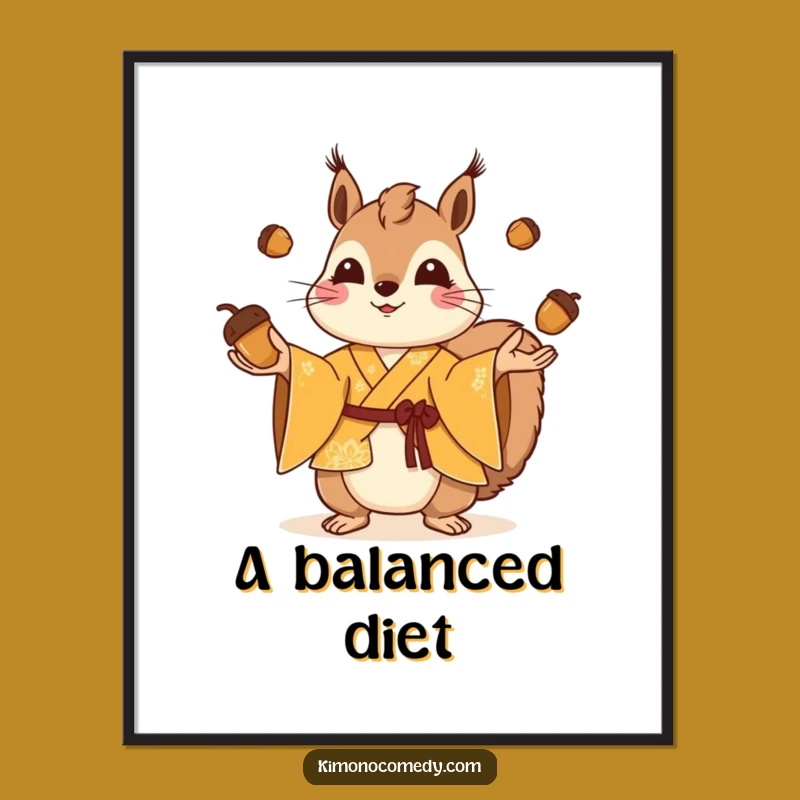 Funny Playful Squirrel Digital Art - Kimono Acorn Juggling Print Gift