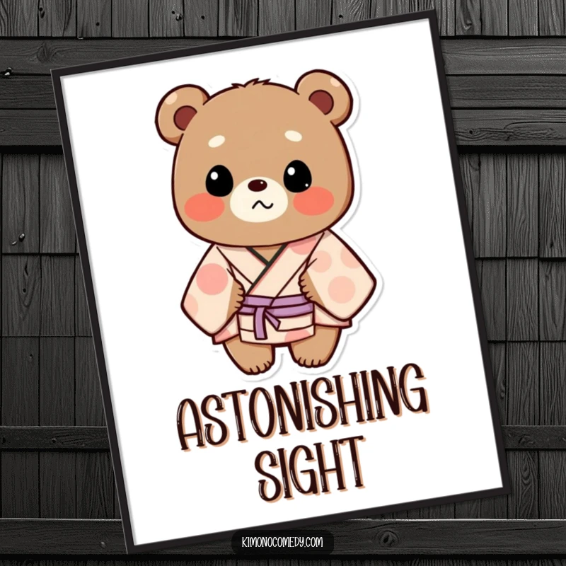 Funny Digital Art: A bear in a patterned kimono looks comically surprised, offering instant relatable humor and stylish wall decor.