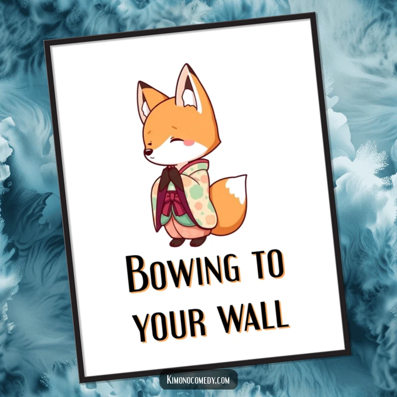 Funny Kawaii Fox Digital Art: A downloadable print of a bowing fox in a colorful kimono, perfect for instant decor.