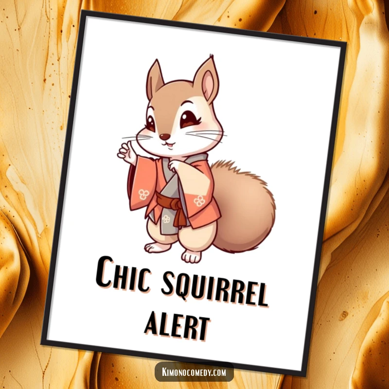Funny kawaii squirrel in a stylish kimono striking a pose as a digital art print, for humorous and fashionable anime decor.