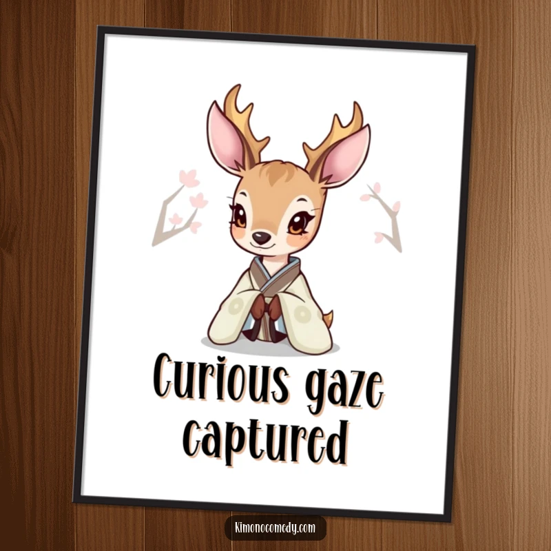 Funny Deer Kimono Digital Art Print of a deer peeking curiously from an elegant kimono, ready for instant download.