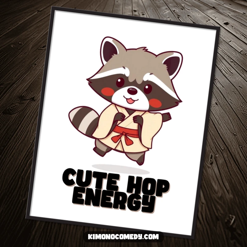 Funny kawaii raccoon in a simple kimono doing a playful hop as a digital art print, for humorous and cute anime decor.