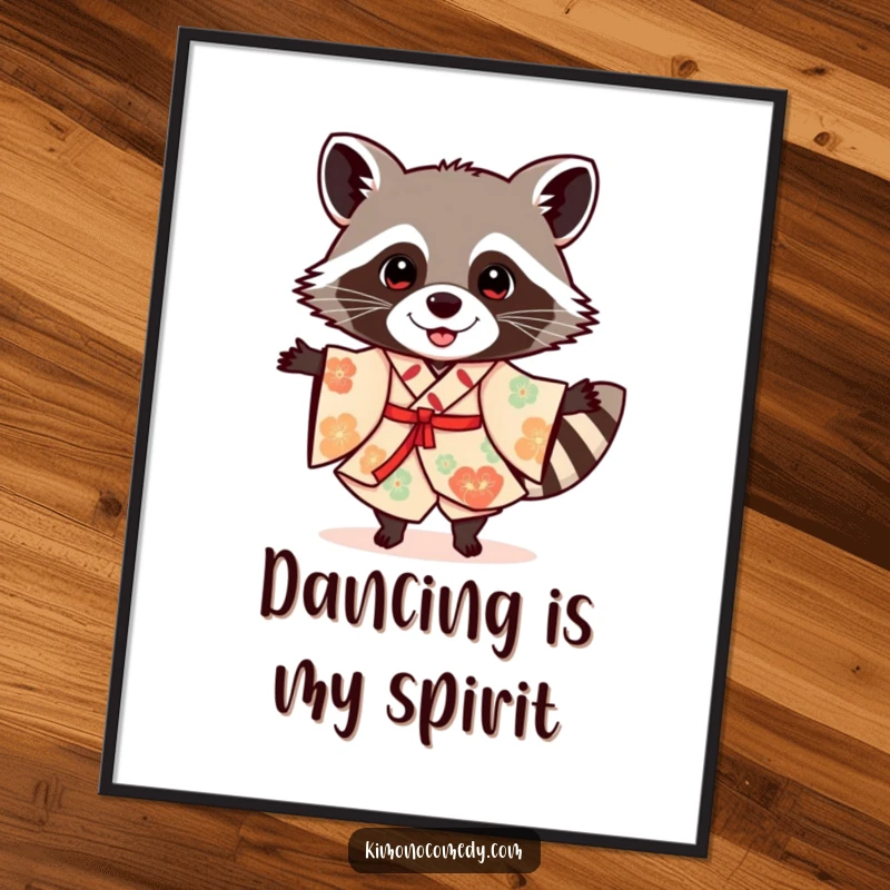 Funny raccoon in a festive kimono, dancing, as a digital art print, offering instant humorous and vibrant wall decor.