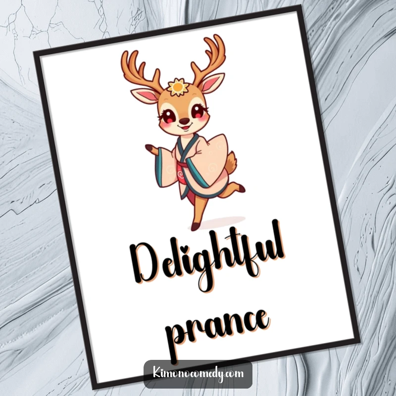 Funny digital art print of a smiling kawaii deer dressed in an elegant kimono, gracefully prancing with an air of pure delight.