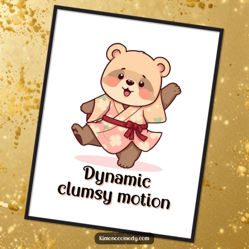 Funny digital art print of a playful bear cub in a vibrant kimono, hilariously performing a clumsy cartwheel, perfect for cheerful decor.