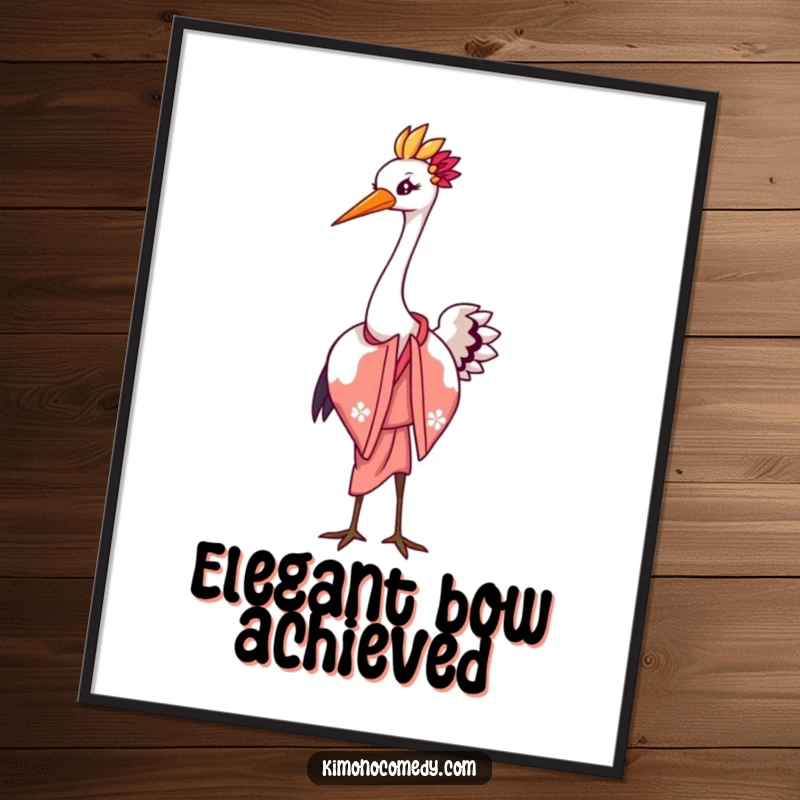 Funny digital art print of a graceful kawaii crane in an elegant kimono performing a charming bow with a flourish, full of elegance.