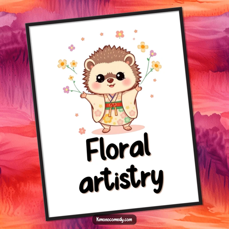 Funny Hedgehog Kimono Digital Art Print of a cute hedgehog juggling flowers in a festive kimono, ready for instant download.