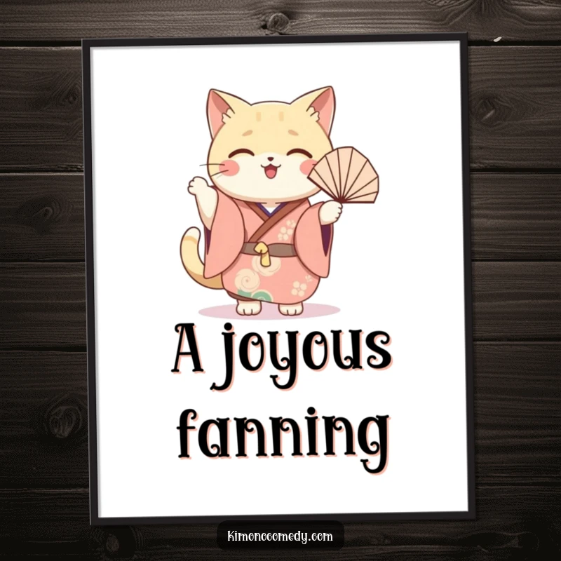 Funny cat fan digital art print of a kawaii cat in a festive kimono, joyfully waving a fan, perfect for cheerful decor.
