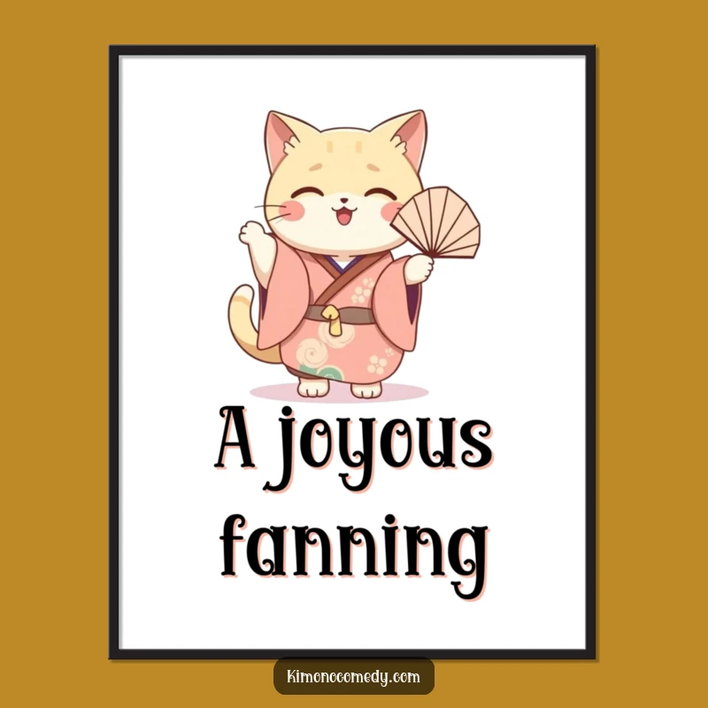 Funny Cat Fan Digital Art: Kawaii Festive Print, Joyful Waving Decor Gift