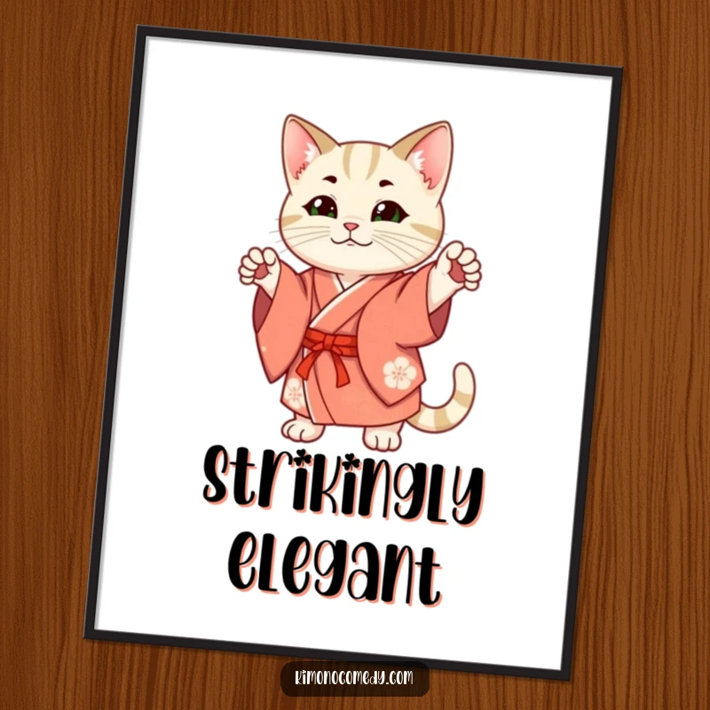 Funny Digital Art: A stylish cat in a traditional kimono strikes a confident pose, offering instant chic and humorous wall decor.