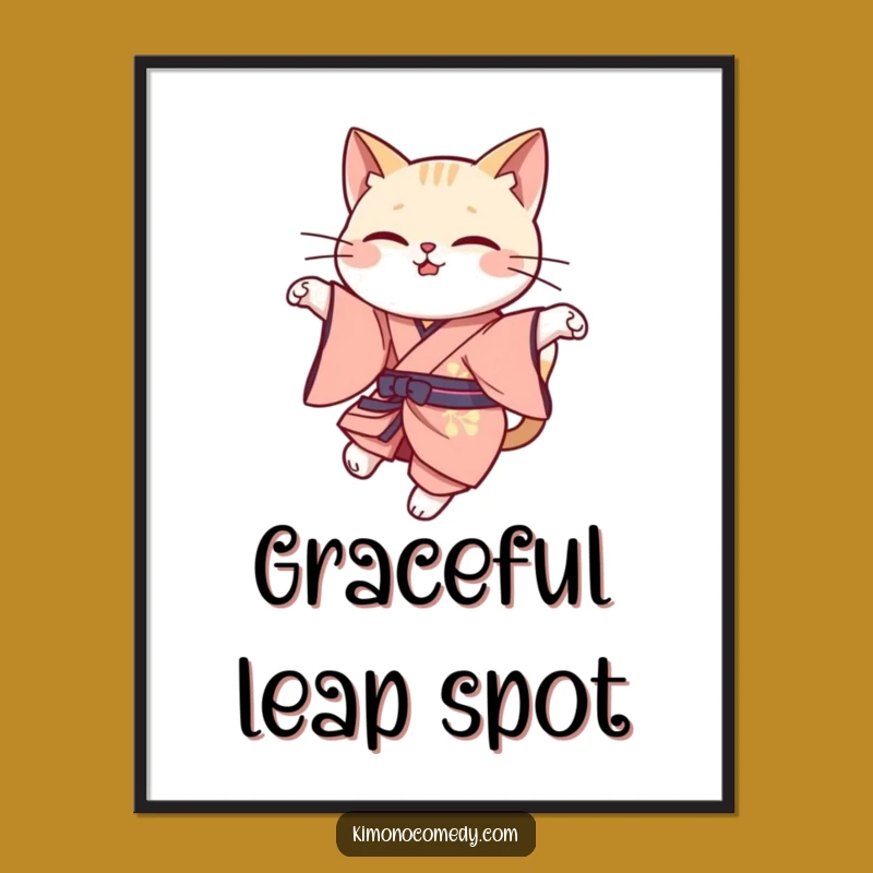 Funny Cat Leap Digital Art: Kawaii Elegant Print, Graceful Decor Gift