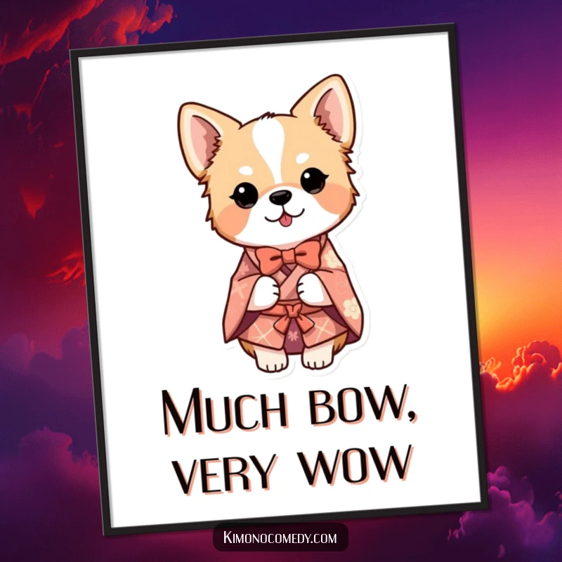 Funny dog in a detailed kimono, bowing politely, as a digital art print, offering instant humorous and elegant decor.