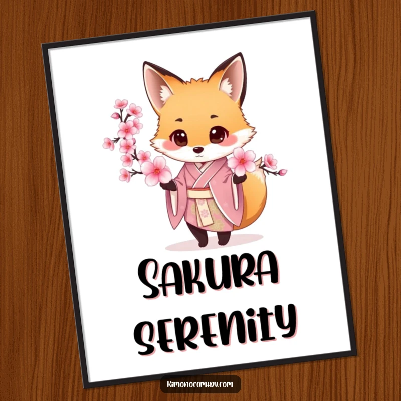 Funny Fox Kimono Digital Art Print of a fox in a silk kimono offering a cherry blossom, ready for instant download.