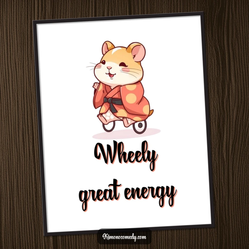 Funny Hamster Kimono Digital Art Print: An energetic hamster in a kimono running on a wheel, instant funny wall art.