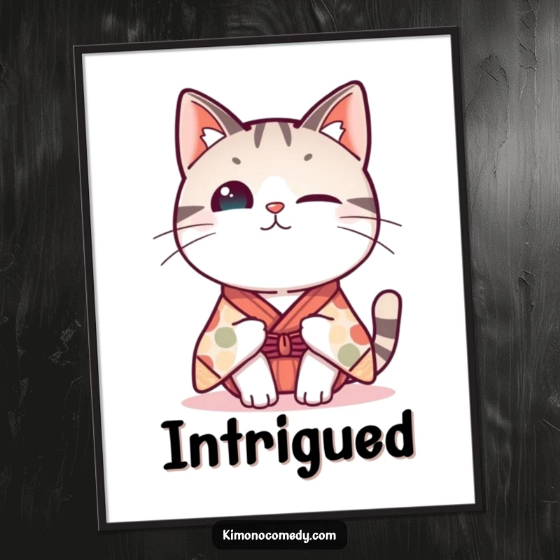 Funny Kawaii cat digital art print, illustration of a cat in a whimsical kimono tipping its head curiously, downloadable humorous art.
