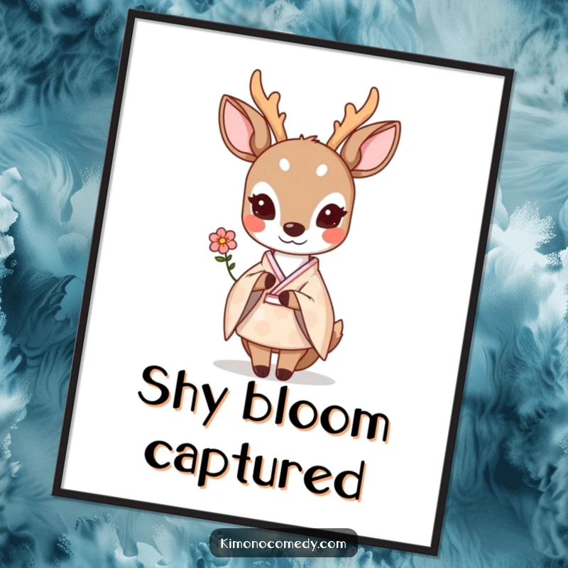 Funny shy kawaii deer in a pastel kimono, offering a small flower shyly, available as a high-resolution digital art print.