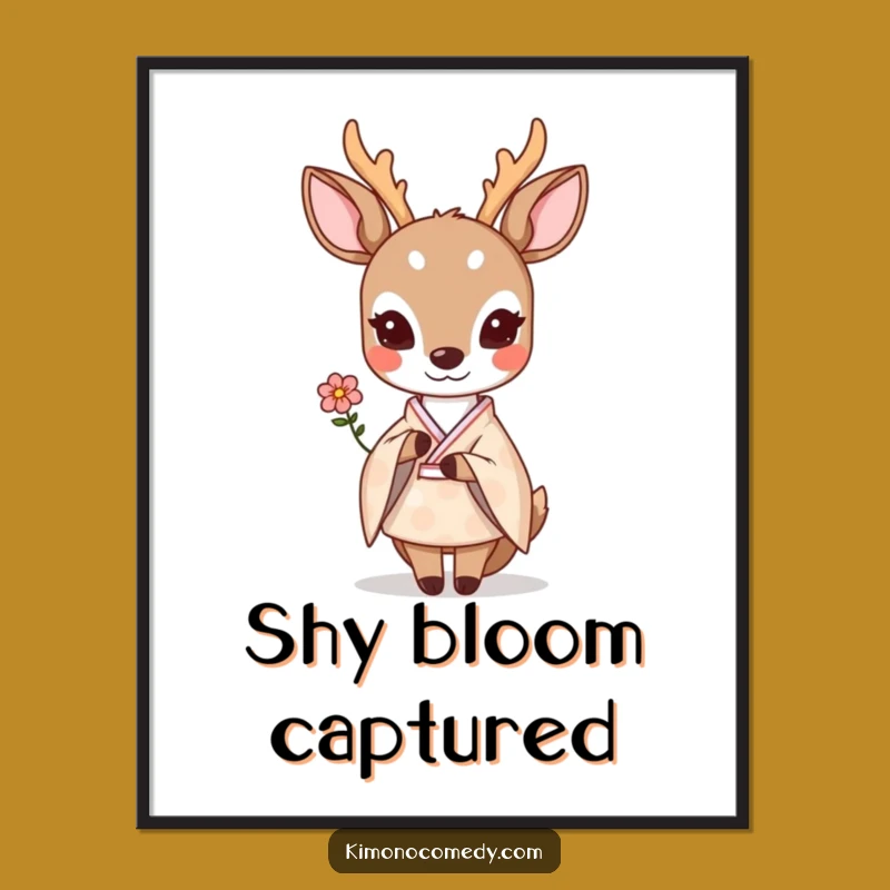 Funny Kawaii Deer Digital Art - Shy Flower Kimono Print