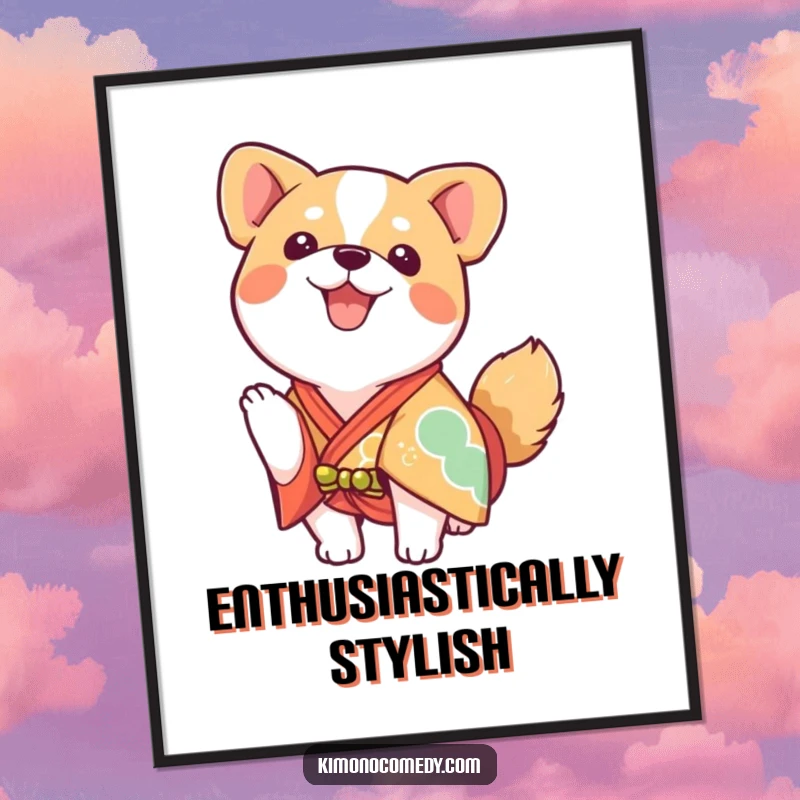 Funny kawaii dog wearing a bright kimono, wagging tail enthusiastically, downloadable wall art.