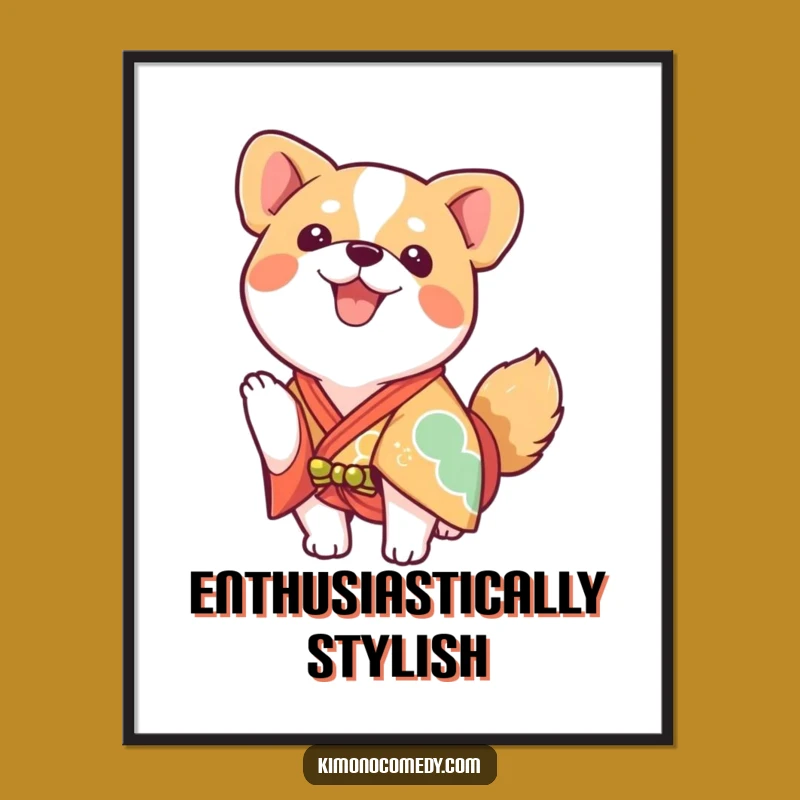 Funny Kawaii Dog Kimono Digital Print - Enthusiastic Wall Art