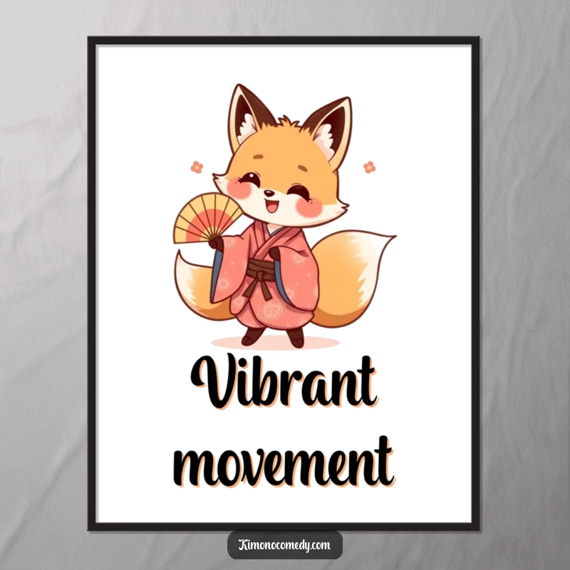 Funny kawaii fox digital art print, showing a fox in a vibrant kimono doing an energetic fan dance, offering dynamic decor.